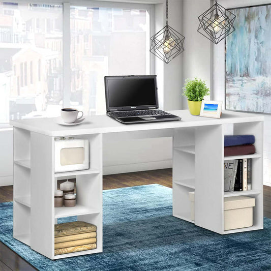 white desk with shelving with laptop computer on a blue rug