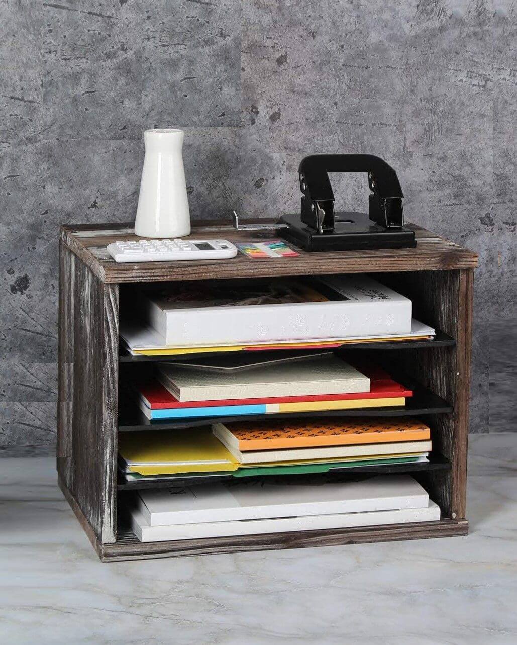 4 Compartment Rustic Wood Desk Organiser