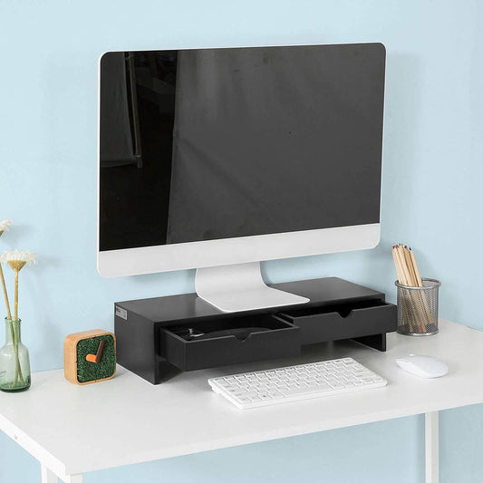 HIGHLANDS Black Monitor Stand and Desk Organiser with 2 Drawers