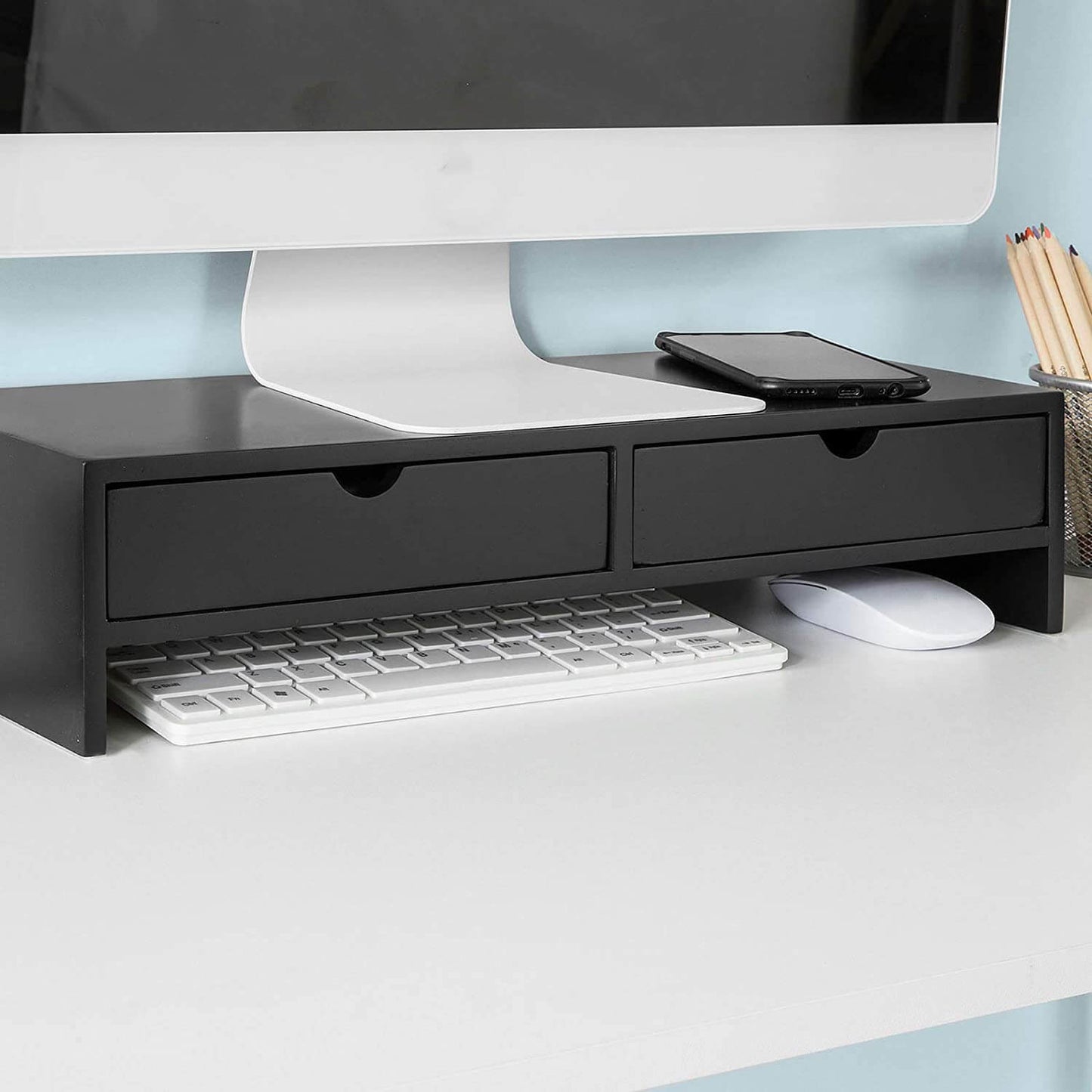 HIGHLANDS Black Monitor Stand and Desk Organiser with 2 Drawers