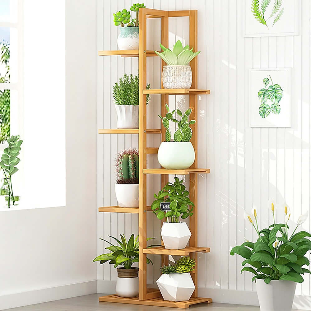 ANJI 6 Tier Vertical Bamboo Plant Stand Light