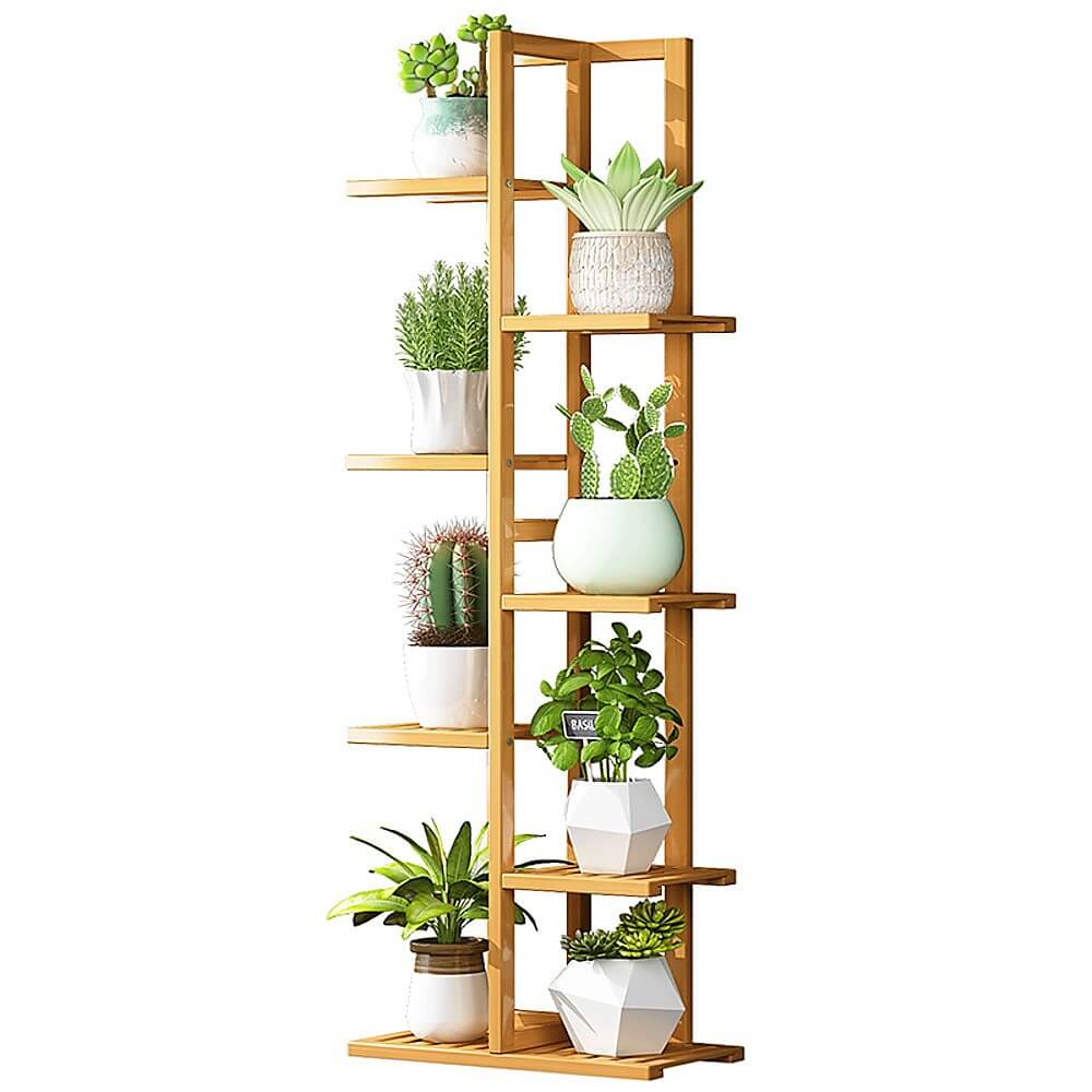 ANJI 6 Tier Vertical Bamboo Plant Stand Light