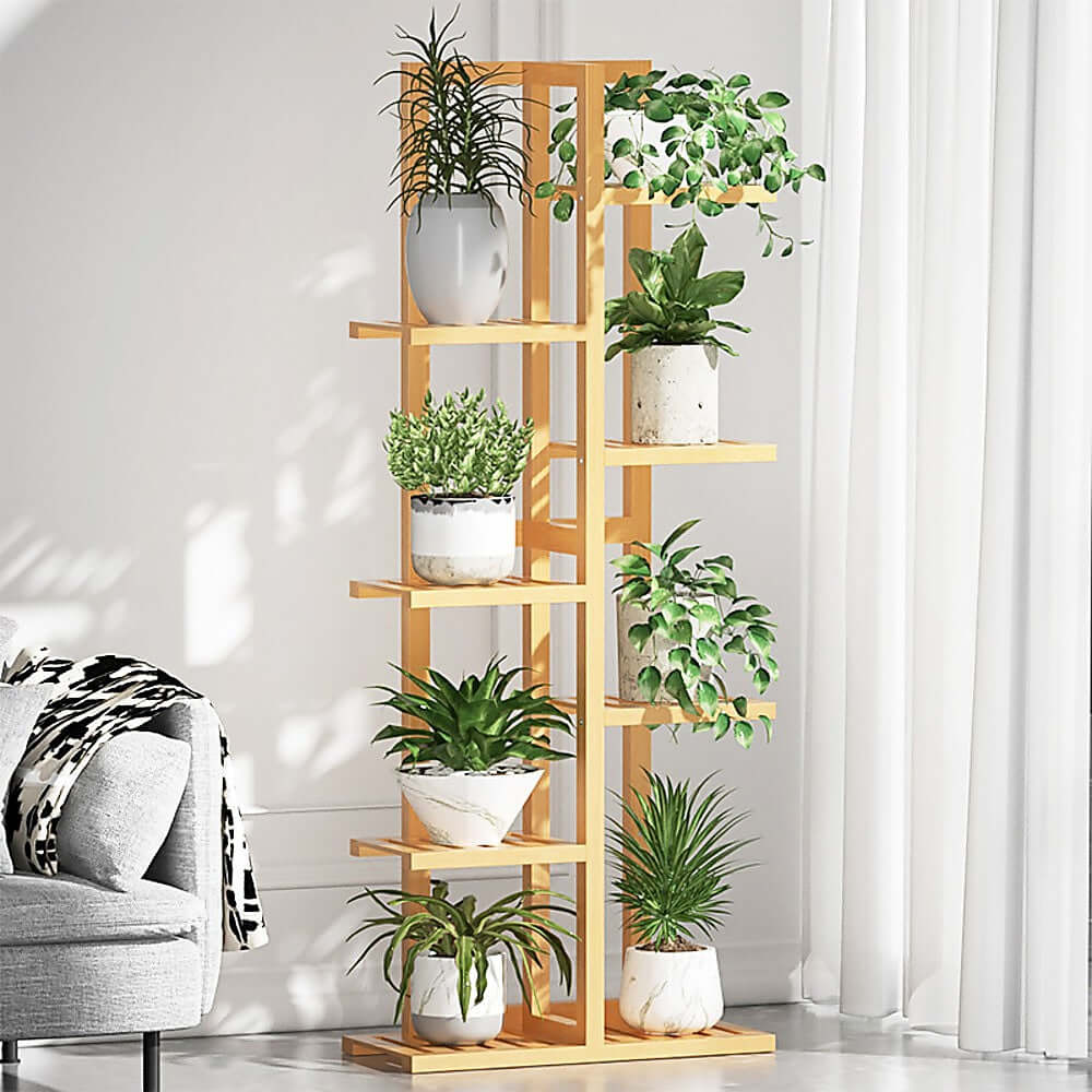 ANJI 6 Tier Vertical Bamboo Plant Stand Light