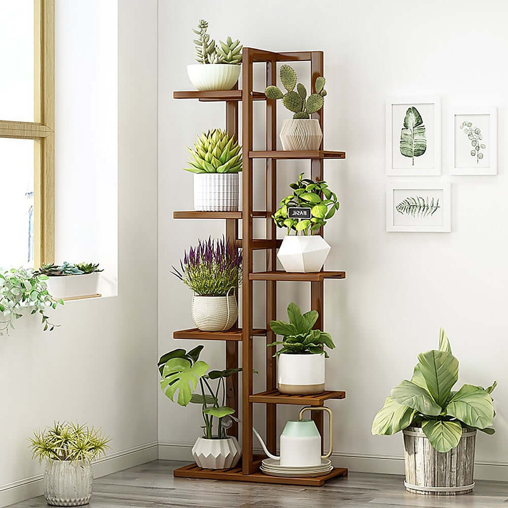 ANJI 6 Tier Vertical Bamboo Plant Stand Dark