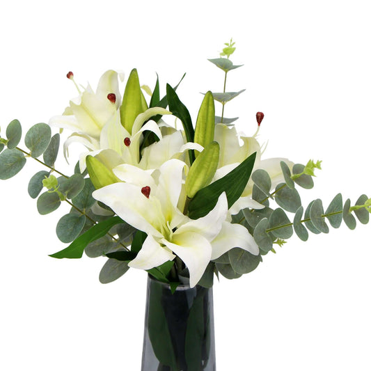 BABYLON Faux White Lily with Eucalyptus Arrangement 45cm